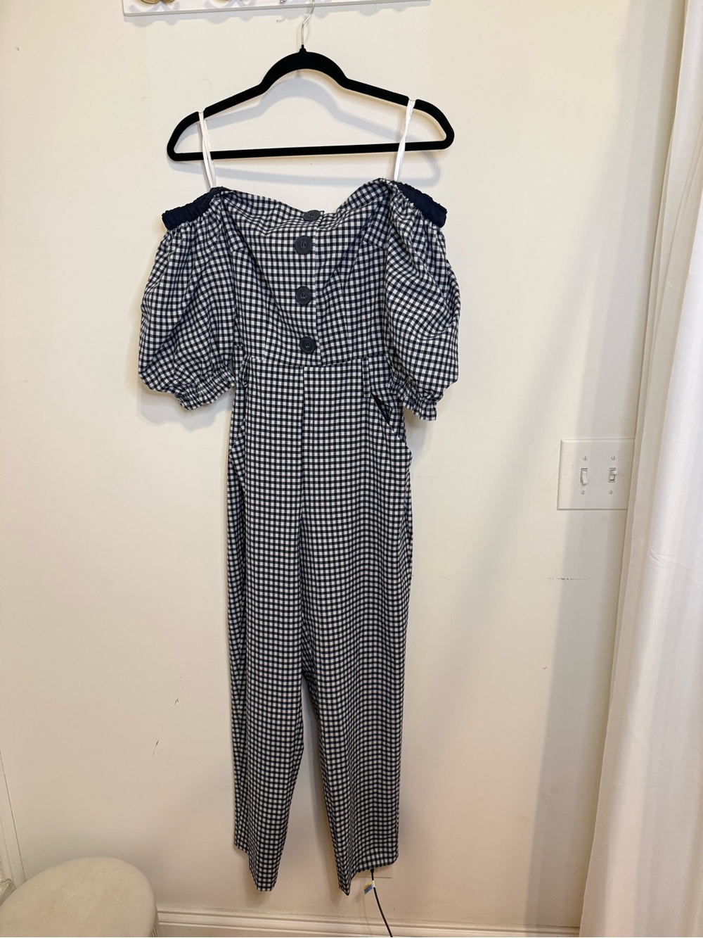 New York & Company Navy and White Gingham Off-Shoulder Jumpsuit